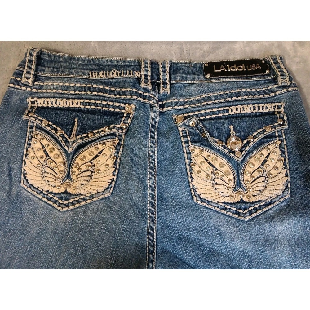 LA Idol USA Jeans Womens 13 33x28 Blue Bold Stitching‎ Bootcut Embellished READ